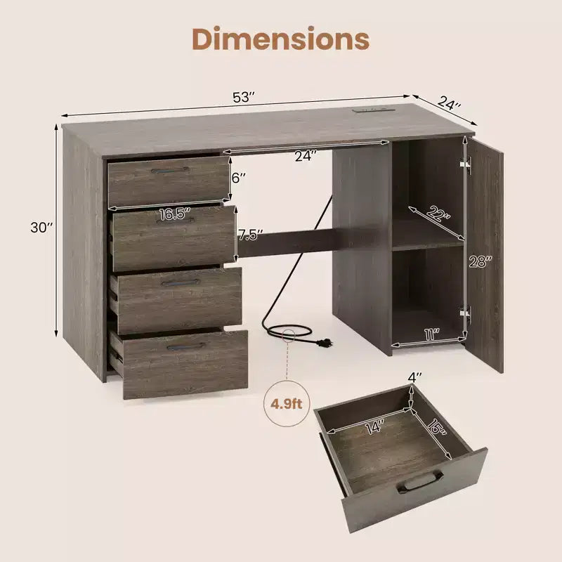 Scrivania per computer da 53" con prese elettriche, grande scrivania direzionale con 4 cassetti, grigio/bianco