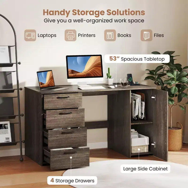 Scrivania per computer da 53" con prese elettriche, grande scrivania direzionale con 4 cassetti, grigio/bianco