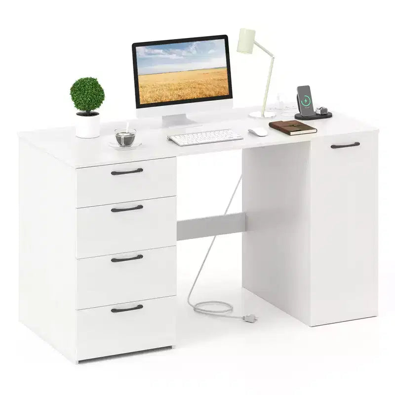 Scrivania per computer da 53" con prese elettriche, grande scrivania direzionale con 4 cassetti, grigio/bianco