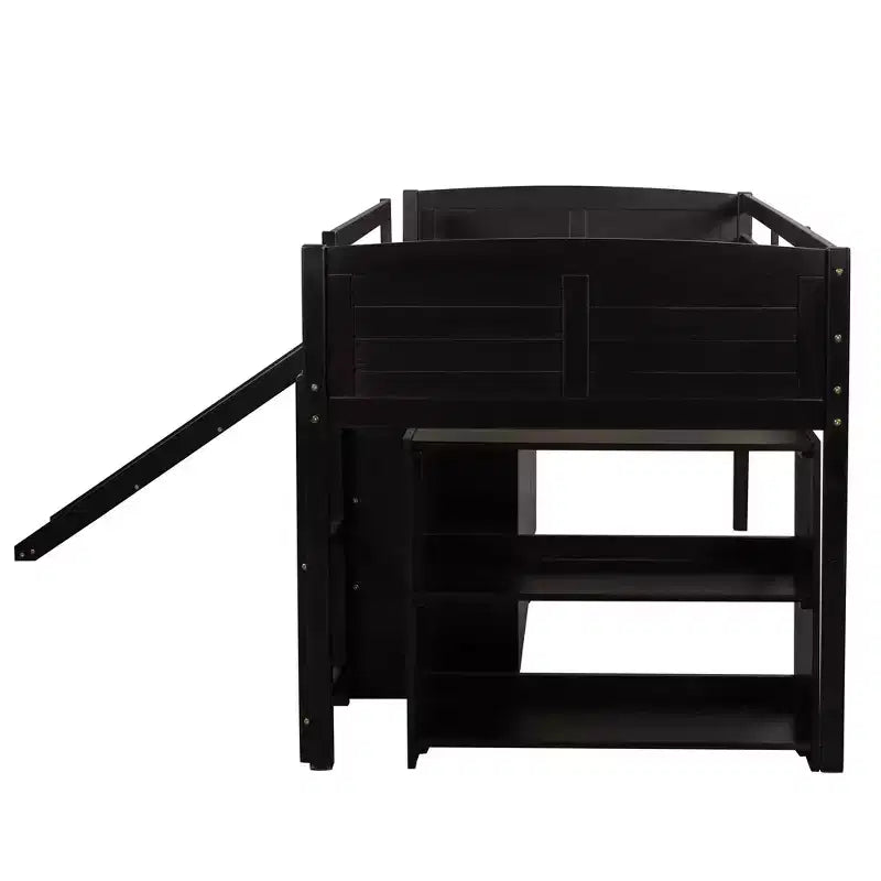 Letto a soppalco singolo con scivolo, Letto a soppalco in legno, Telaio letto a soppalco basso con armadietti e mensole