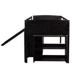 Letto a soppalco singolo con scivolo, Letto a soppalco in legno, Telaio letto a soppalco basso con armadietti e mensole
