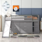 Letto a soppalco singolo con scivolo, Letto a soppalco in legno, Telaio letto a soppalco basso con armadietti e mensole