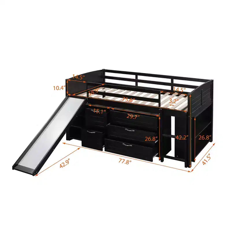Letto a soppalco singolo con scivolo, Letto a soppalco in legno, Telaio letto a soppalco basso con armadietti e mensole