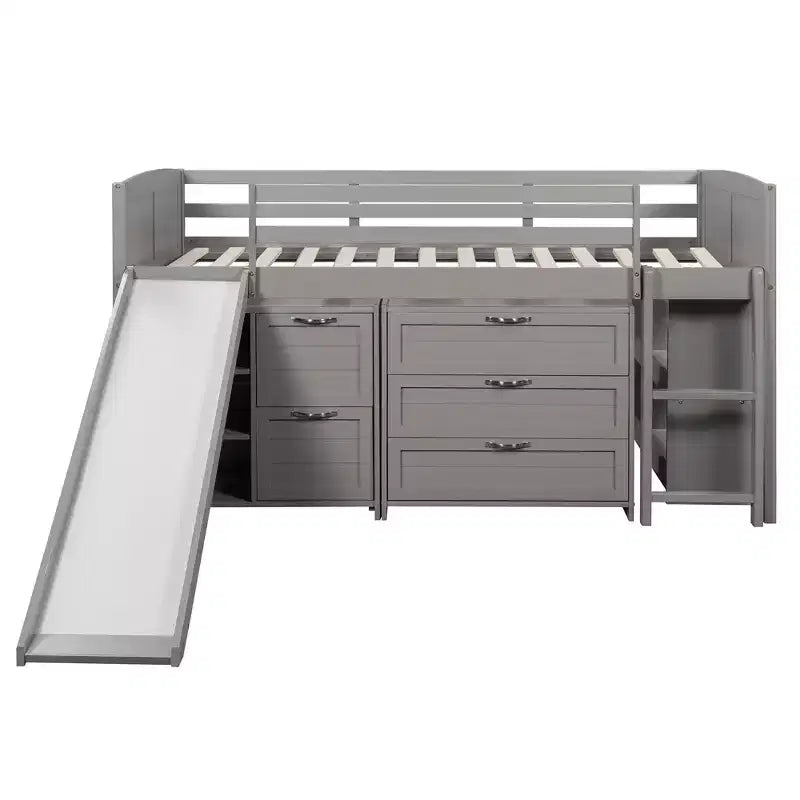 Letto a soppalco singolo con scivolo, Letto a soppalco in legno, Telaio letto a soppalco basso con armadietti e mensole