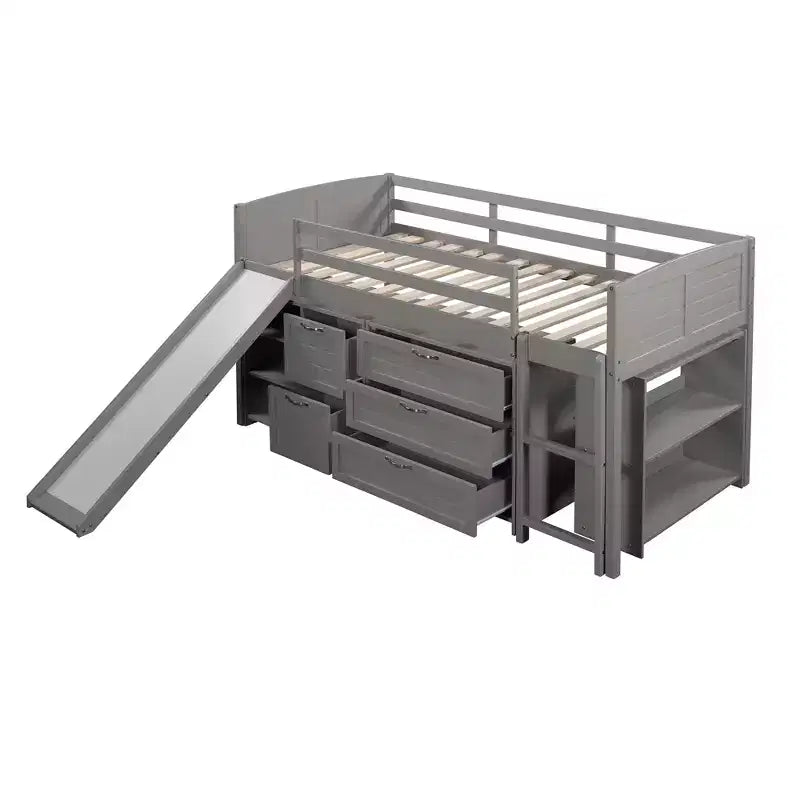 Letto a soppalco singolo con scivolo, Letto a soppalco in legno, Telaio letto a soppalco basso con armadietti e mensole