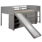 Letto a soppalco singolo con scivolo, Letto a soppalco in legno, Telaio letto a soppalco basso con armadietti e mensole