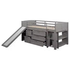 Letto a soppalco singolo con scivolo, Letto a soppalco in legno, Telaio letto a soppalco basso con armadietti e mensole