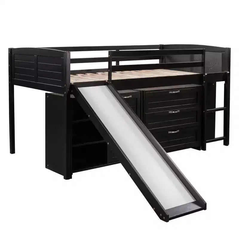 Letto a soppalco singolo con scivolo, Letto a soppalco in legno, Telaio letto a soppalco basso con armadietti e mensole