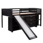 Letto a soppalco singolo con scivolo, Letto a soppalco in legno, Telaio letto a soppalco basso con armadietti e mensole