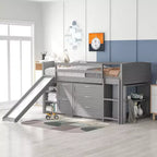 Letto a soppalco singolo con scivolo, Letto a soppalco in legno, Telaio letto a soppalco basso con armadietti e mensole