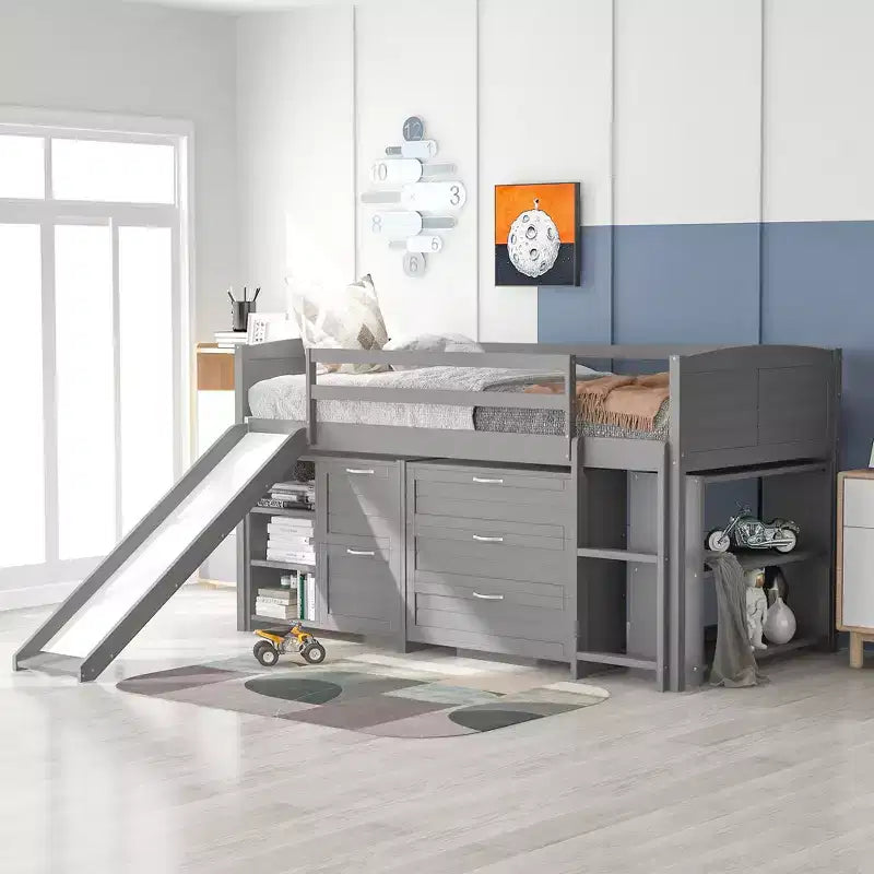 Letto a soppalco singolo con scivolo, Letto a soppalco in legno, Telaio letto a soppalco basso con armadietti e mensole