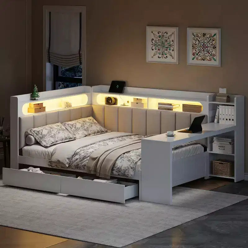 Divano letto matrimoniale con ripiani portaoggetti, cassetti, stazione di ricarica, luce a LED, scrivania, testiera e schienale imbottiti