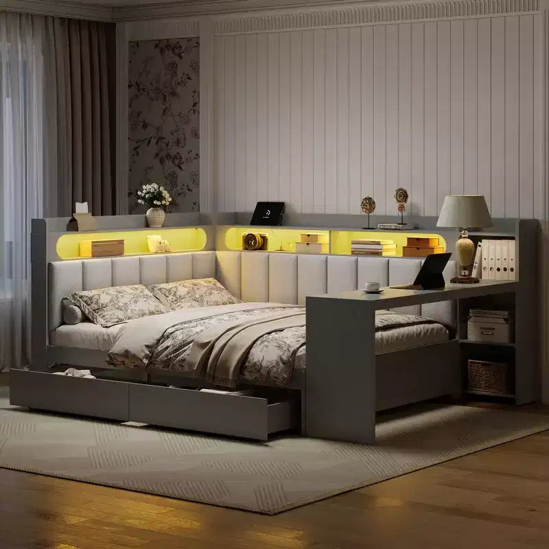 Divano letto matrimoniale con ripiani portaoggetti, cassetti, stazione di ricarica, luce a LED, scrivania, testiera e schienale imbottiti