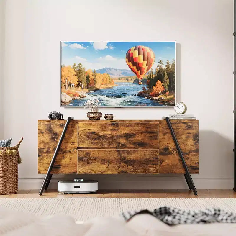 Mobile TV per televisori fino a 65 pollici, mobile soggiorno moderno con 2 cassetti e ripiani laterali aperti, tavolo console TV, per soggiorno, camera da letto