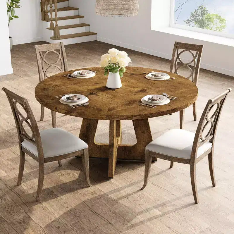 Tavolo da pranzo rotondo da fattoria per 4-6 persone con piano e gambe in legno, perfetto per sala da pranzo o soggiorno