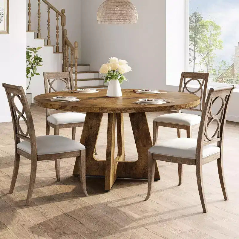 Tavolo da pranzo rotondo da fattoria per 4-6 persone con piano e gambe in legno, perfetto per sala da pranzo o soggiorno