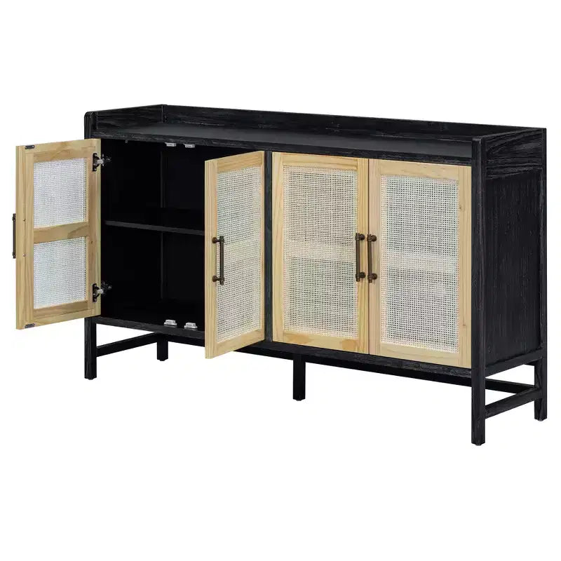 Credenza Buffet con Ante Decorative in Rattan, Mobile Contenitore per Sala da Pranzo e Soggiorno, Nero+Naturale