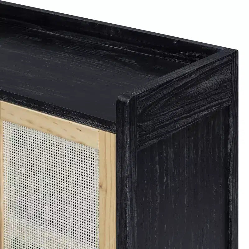Credenza Buffet con Ante Decorative in Rattan, Mobile Contenitore per Sala da Pranzo e Soggiorno, Nero+Naturale