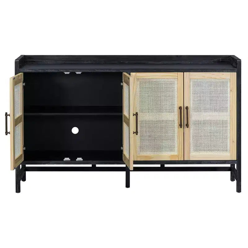 Credenza Buffet con Ante Decorative in Rattan, Mobile Contenitore per Sala da Pranzo e Soggiorno, Nero+Naturale