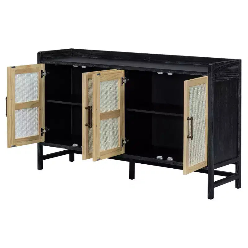 Credenza Buffet con Ante Decorative in Rattan, Mobile Contenitore per Sala da Pranzo e Soggiorno, Nero+Naturale
