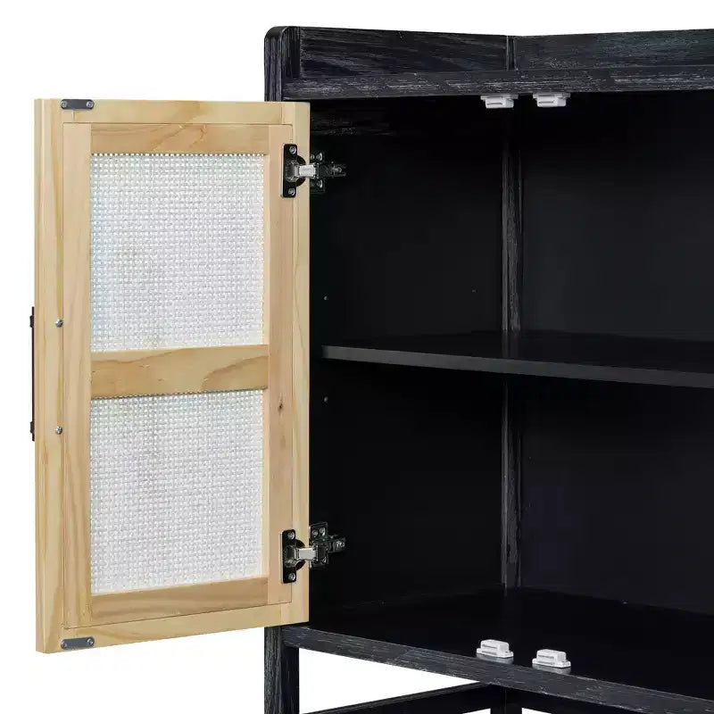 Credenza Buffet con Ante Decorative in Rattan, Mobile Contenitore per Sala da Pranzo e Soggiorno, Nero+Naturale