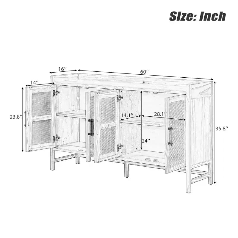 Credenza Buffet con Ante Decorative in Rattan, Mobile Contenitore per Sala da Pranzo e Soggiorno, Nero+Naturale