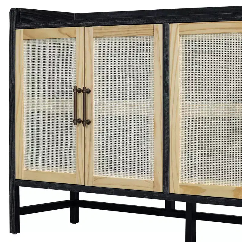 Credenza Buffet con Ante Decorative in Rattan, Mobile Contenitore per Sala da Pranzo e Soggiorno, Nero+Naturale