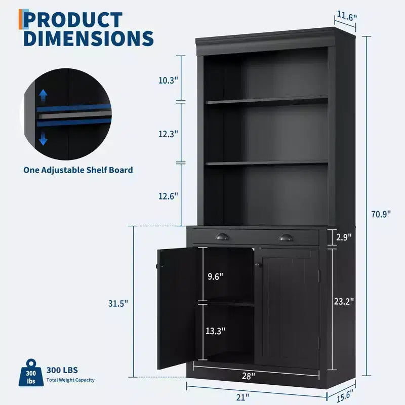 70 Scaffale a 5 ripiani, con ante e cassetto, credenza moderna con ripiani regolabili, mobile contenitore in legno per soggiorno, ufficio, nero