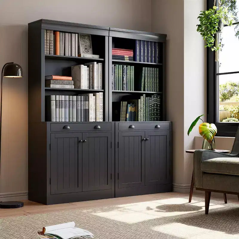 70 Scaffale a 5 ripiani, con ante e cassetto, credenza moderna con ripiani regolabili, mobile contenitore in legno per soggiorno, ufficio, nero