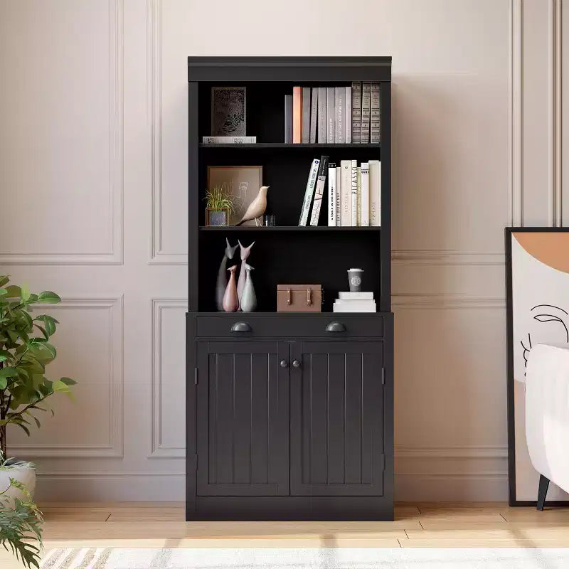 70 Scaffale a 5 ripiani, con ante e cassetto, credenza moderna con ripiani regolabili, mobile contenitore in legno per soggiorno, ufficio, nero