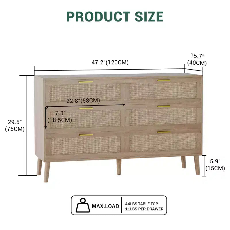 Cassettiera Fattoria Naturale Rattan 6 Cassetti con Maniglie Metalliche Dorate e 5 Gambe Robuste per Salotto