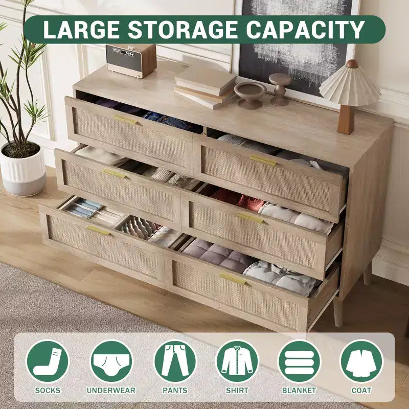 Cassettiera Fattoria Naturale Rattan 6 Cassetti con Maniglie Metalliche Dorate e 5 Gambe Robuste per Salotto