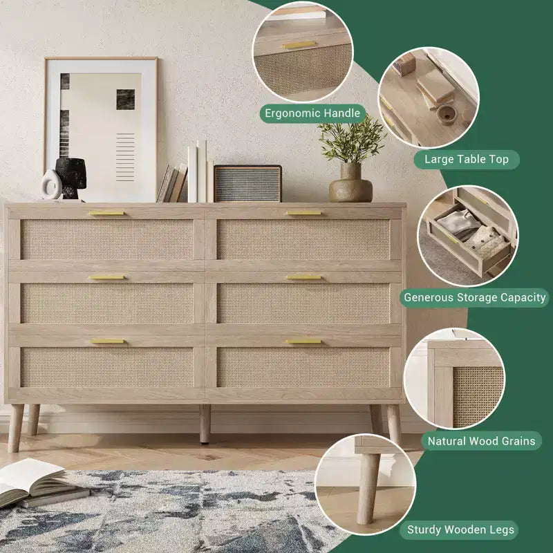 Cassettiera Fattoria Naturale Rattan 6 Cassetti con Maniglie Metalliche Dorate e 5 Gambe Robuste per Salotto