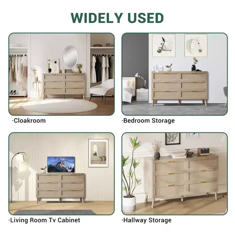 Cassettiera Fattoria Naturale Rattan 6 Cassetti con Maniglie Metalliche Dorate e 5 Gambe Robuste per Salotto