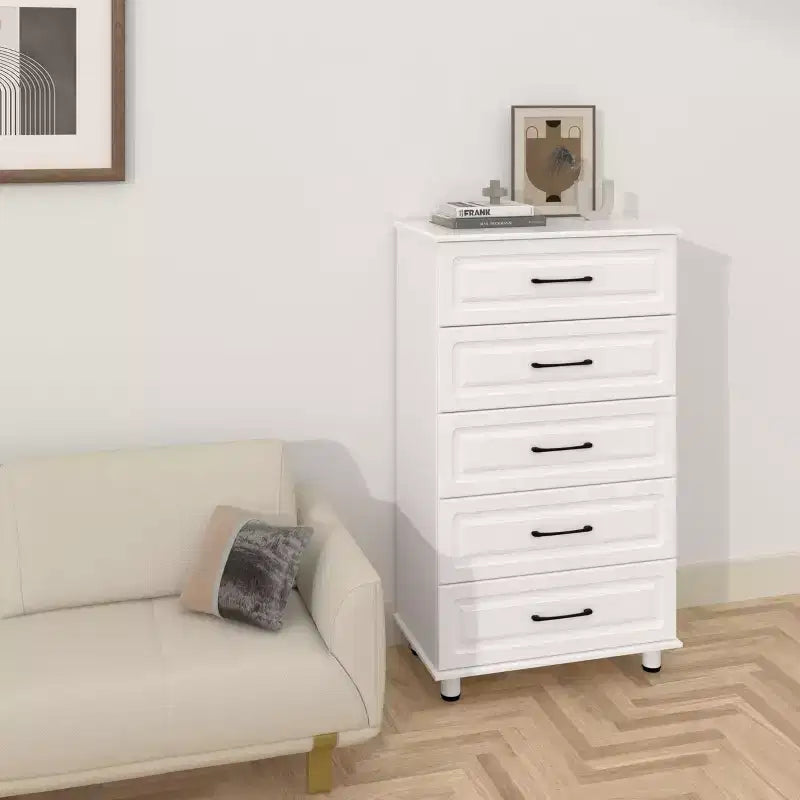 Comò a 5 cassetti, cassettiera alta bianca per camera da letto, armadio in legno con maniglie in acciaio, bianco