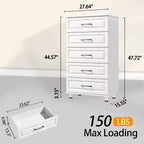 Comò a 5 cassetti, cassettiera alta bianca per camera da letto, armadio in legno con maniglie in acciaio, bianco