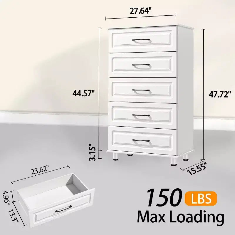 Comò a 5 cassetti, cassettiera alta bianca per camera da letto, armadio in legno con maniglie in acciaio, bianco