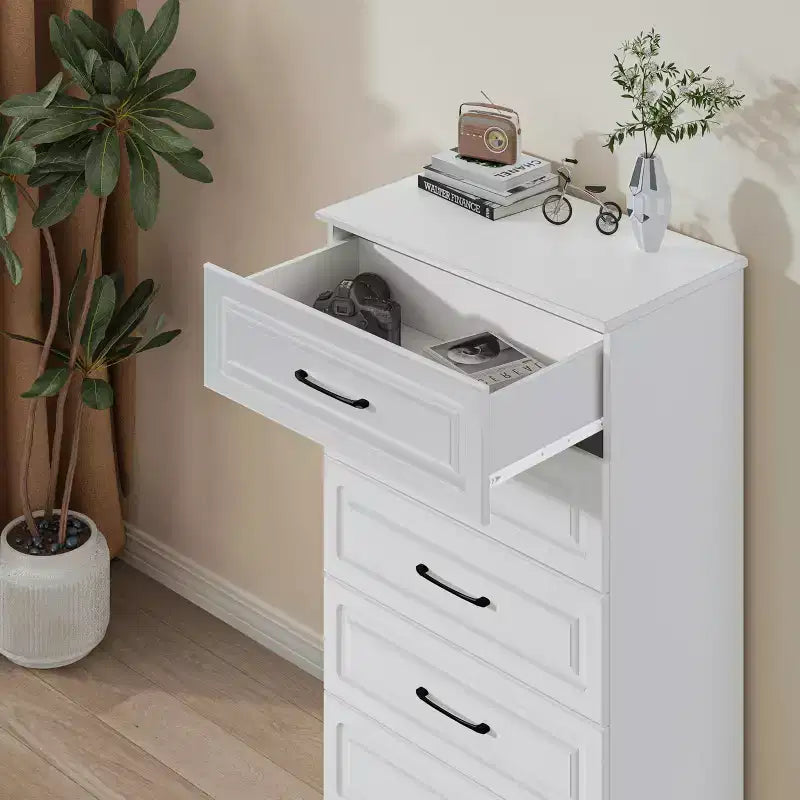 Comò a 5 cassetti, cassettiera alta bianca per camera da letto, armadio in legno con maniglie in acciaio, bianco