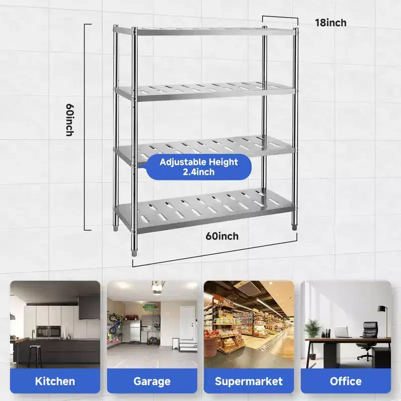 Scaffali in Acciaio Inox, Scaffalatura Pesante con Ripiani Regolabili in Altezza e Fori di Ventilazione per Cucina Garage Ufficio Ristorante