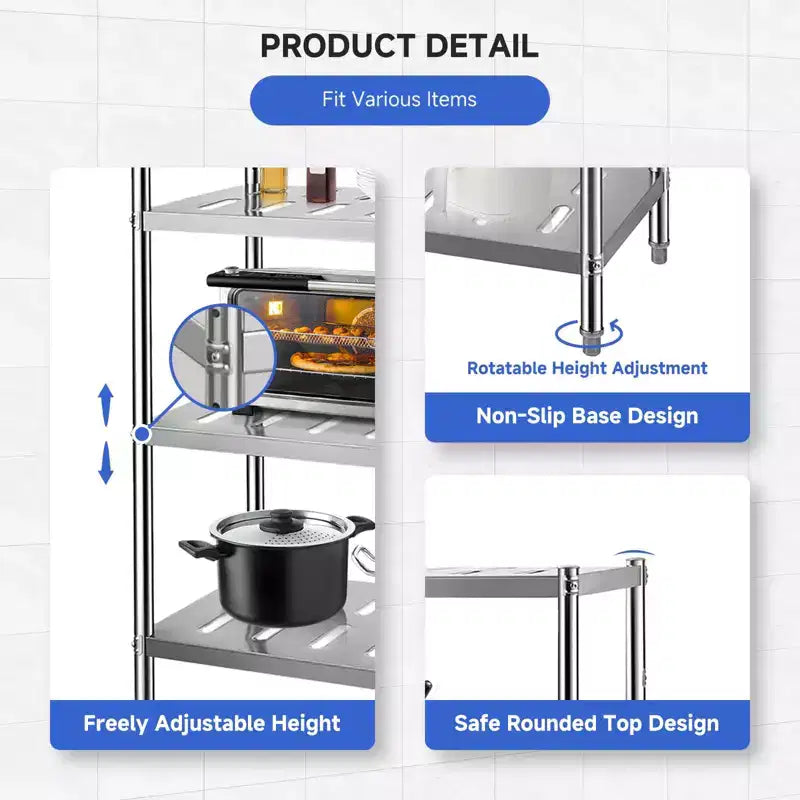 Scaffali in Acciaio Inox, Scaffalatura Pesante con Ripiani Regolabili in Altezza e Fori di Ventilazione per Cucina Garage Ufficio Ristorante