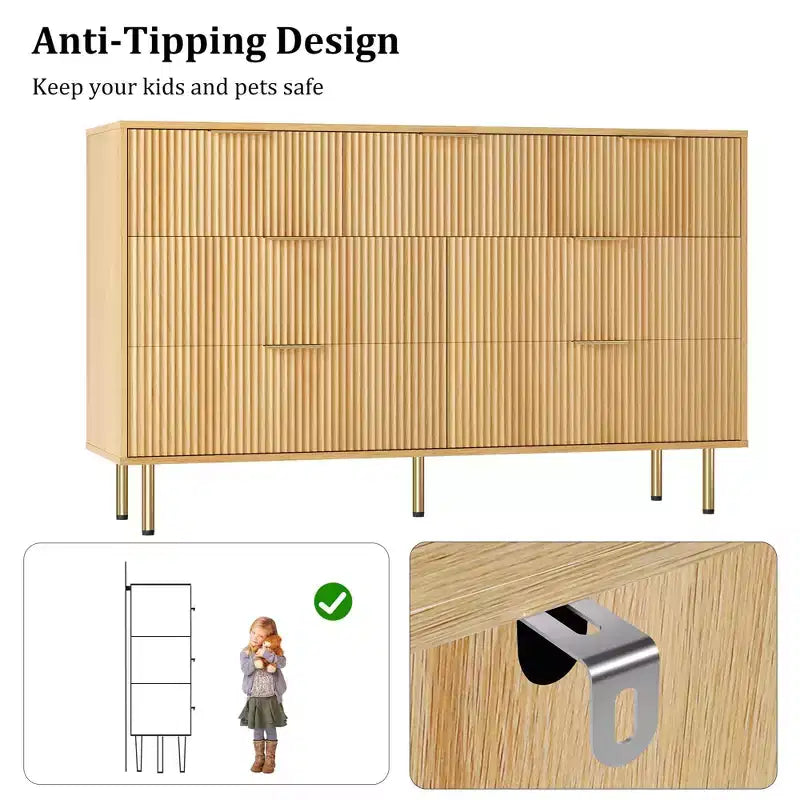 Cassettiera a 7 cassetti per camera da letto, Comodino in legno da 120 cm con maniglie in metallo, Cassettiera scanalata, Mobile TV per soggiorno