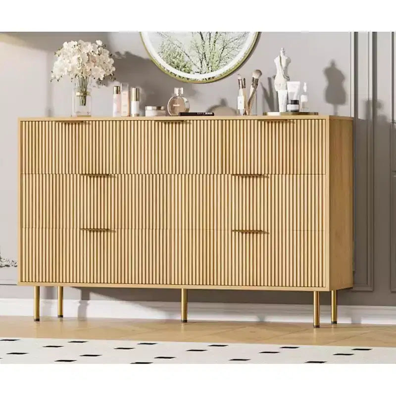 Cassettiera a 7 cassetti per camera da letto, Comodino in legno da 120 cm con maniglie in metallo, Cassettiera scanalata, Mobile TV per soggiorno