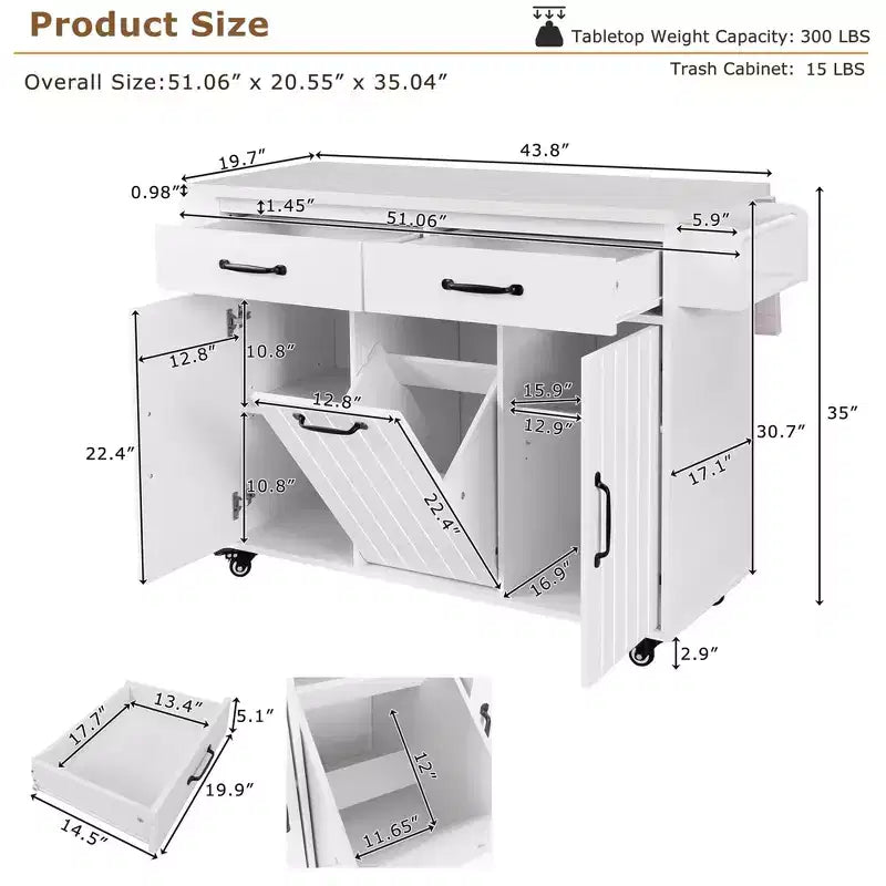 Isola da cucina con contenitore per la spazzatura, anta a ribalta, portaspezie, ripiano regolabile, carrello da cucina con ruote