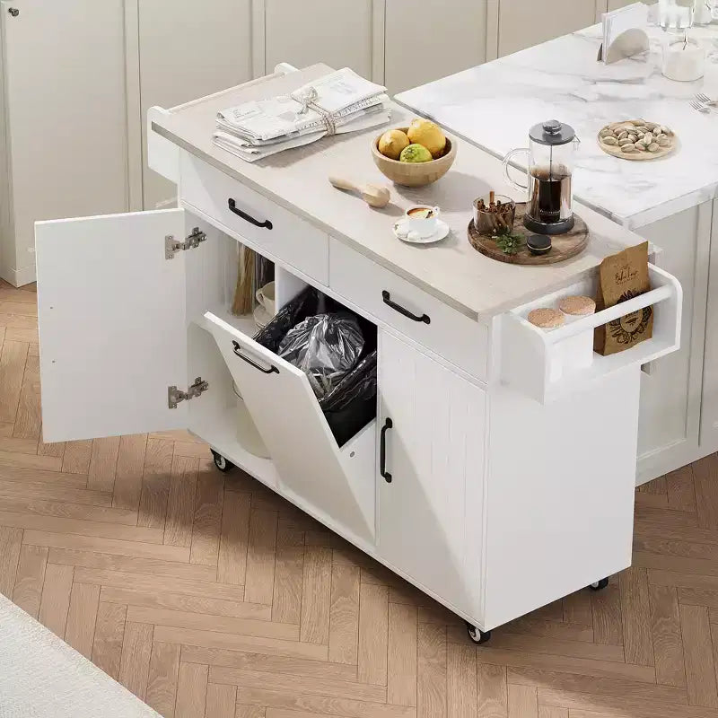 Isola da cucina con contenitore per la spazzatura, anta a ribalta, portaspezie, ripiano regolabile, carrello da cucina con ruote