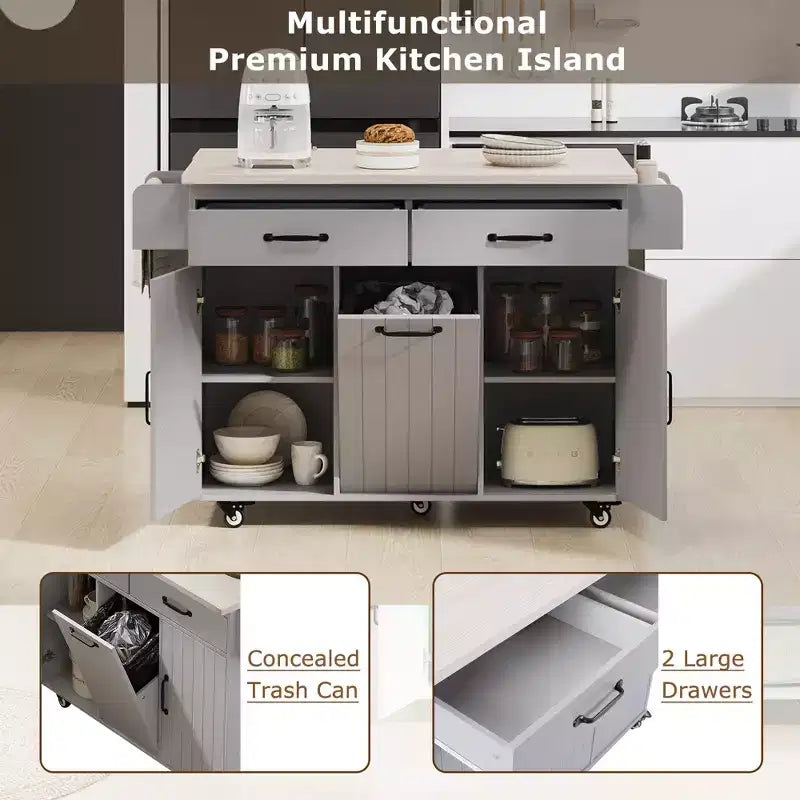 Isola da cucina con contenitore per la spazzatura, anta a ribalta, portaspezie, ripiano regolabile, carrello da cucina con ruote