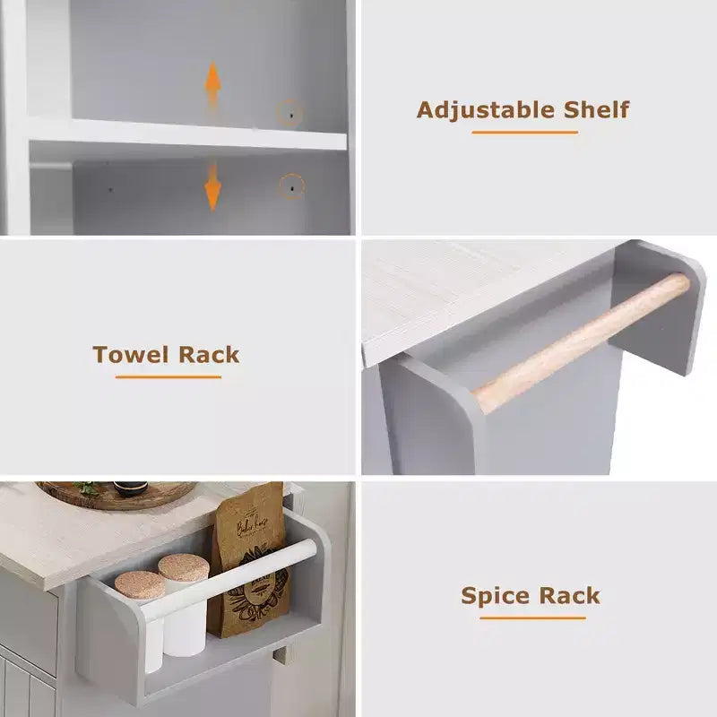 Isola da cucina con contenitore per la spazzatura, anta a ribalta, portaspezie, ripiano regolabile, carrello da cucina con ruote