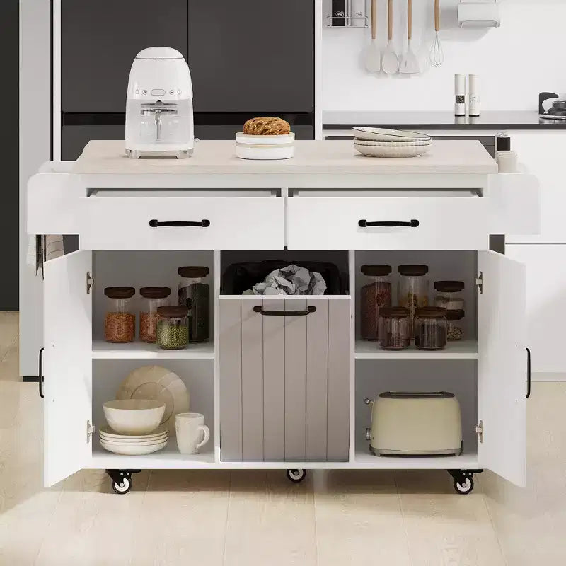 Isola da cucina con contenitore per la spazzatura, anta a ribalta, portaspezie, ripiano regolabile, carrello da cucina con ruote