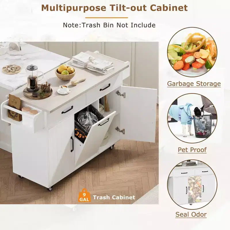Isola da cucina con contenitore per la spazzatura, anta a ribalta, portaspezie, ripiano regolabile, carrello da cucina con ruote