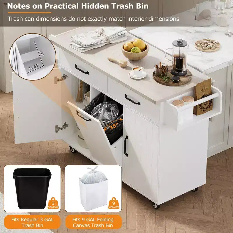 Isola da cucina con contenitore per la spazzatura, anta a ribalta, portaspezie, ripiano regolabile, carrello da cucina con ruote