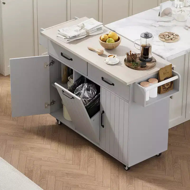 Isola da cucina con contenitore per la spazzatura, anta a ribalta, portaspezie, ripiano regolabile, carrello da cucina con ruote